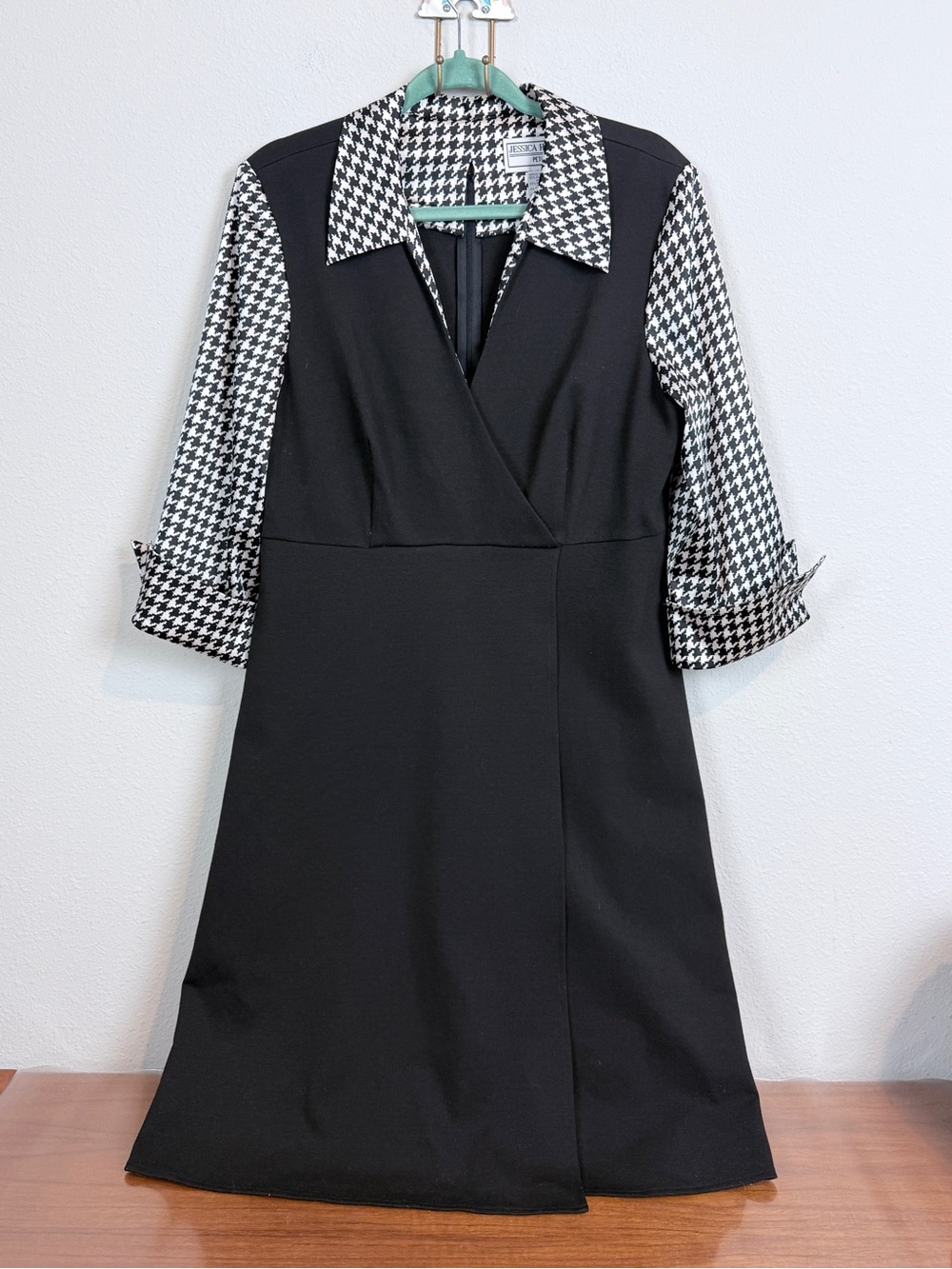 Jessica Howard Black Midi Dress with Satin Houndstooth Collar & 3/4 Sleeves 14P